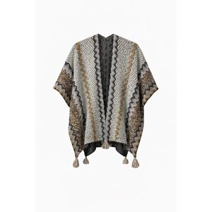 Michael Stars Textured Knit Poncho Cardigan Gray Black Tassel Open Front OSFM